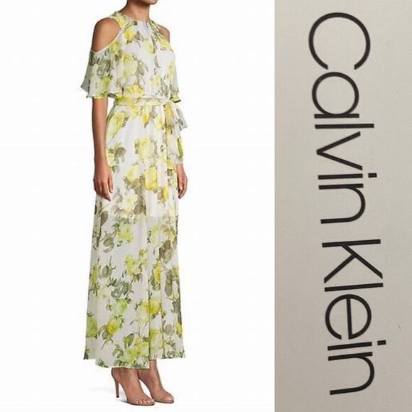 NWT Calvin Klein Floral-Print Cold-Shoulder Dress - Picture 1 of 15